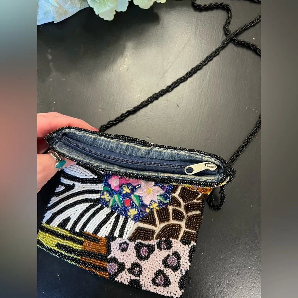 Vintage 90s Y2K Colorful Animal Print Floral Beaded Sequins Cross‎ Body Purse
